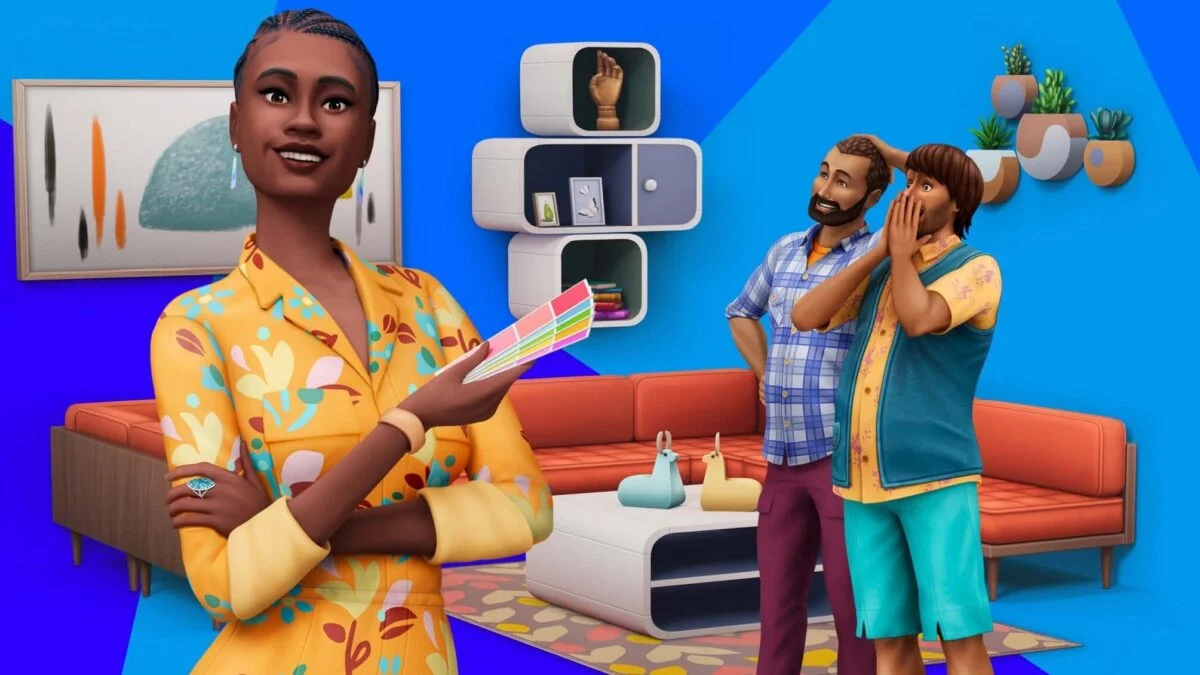 Sims 4 Traumhaftes Innendesign Inneneinrichterin im Vordergrund mit Farbtafel begeistertes Paar betrachtet Möbel im Hintergrund
