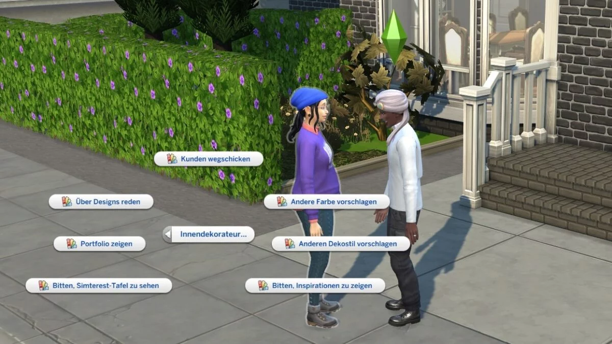 Sims 4 Traumhaftes Innendesign Innendekorateur-Gesprächsoptionen bei Gespräch zwischen Dekorateur und Kunde