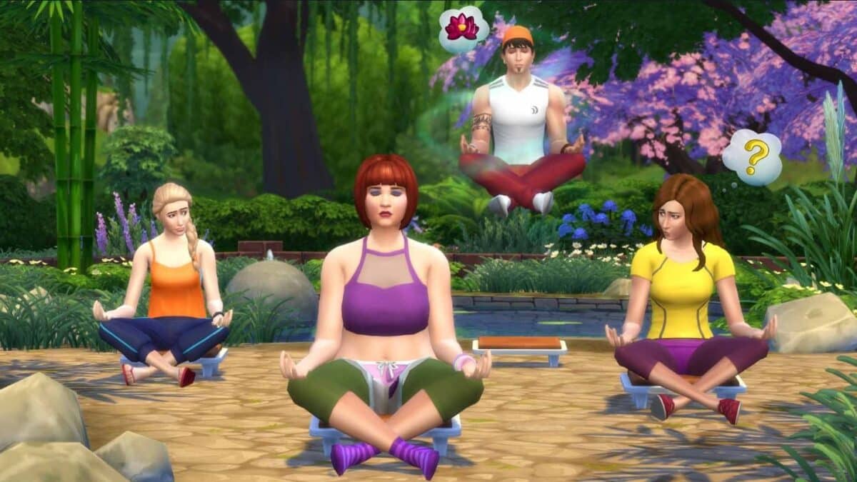 Vier Sims sitzen in Meditationshaltung, einer der vier Sims schwebt bei der Meditation, zwei andere blicken irritiert.