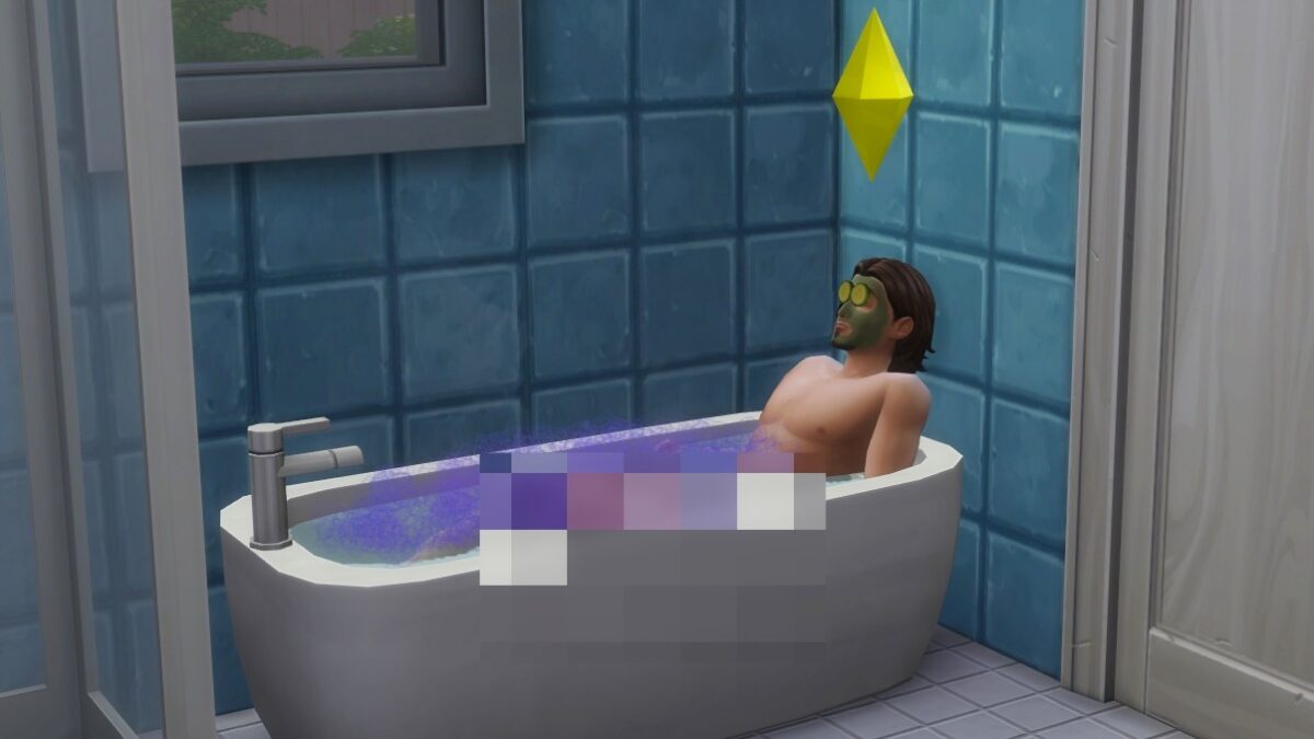 Sims 4 Wellness-Tag Sim liegt entspannt in Badewanne mit lila Schaum