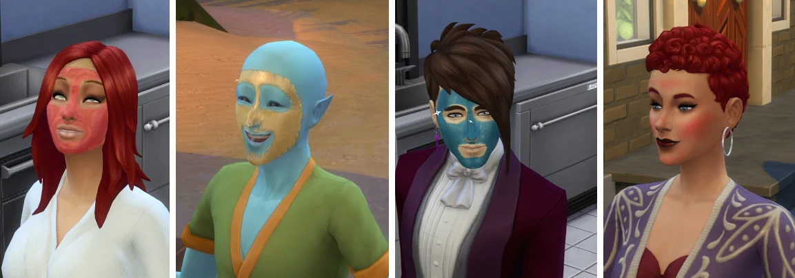 Sims 4 Wellness-Tag Guide Drei Sims mit unterschiedlichen Gesichtsmasken, ein Sim mit Gesichtsrötung