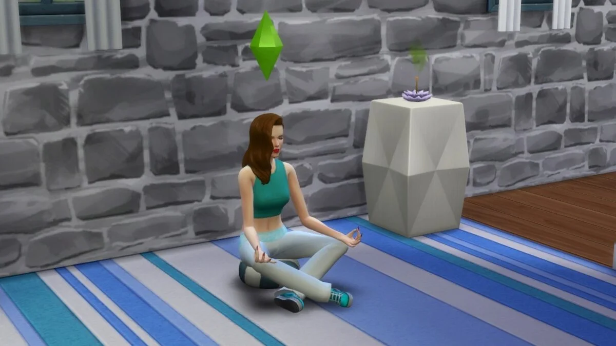 Sims 4 Wellness-Tag Guide Sim-Frau meditiert auf Kissen mit Räucherstäbchen daneben