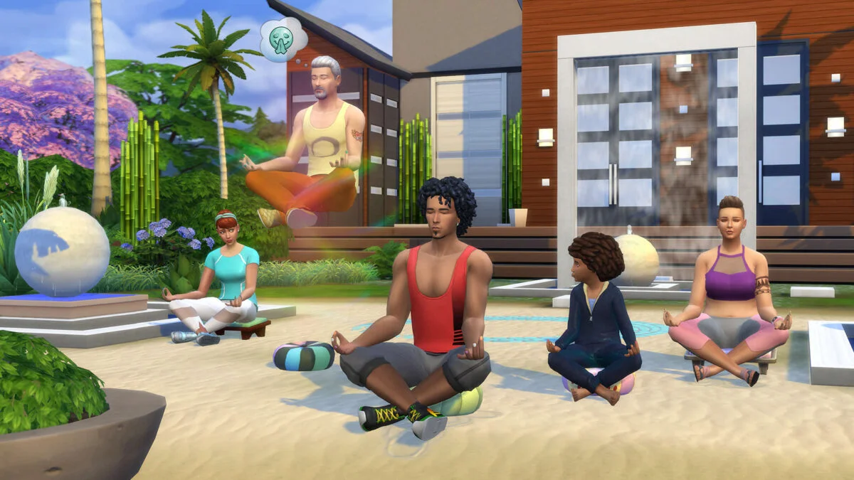 Sims 4 Wellness-Tag Guide Sims-Meditationsgruppe im Lotussitz, ein Sim schwebt beim Meditieren