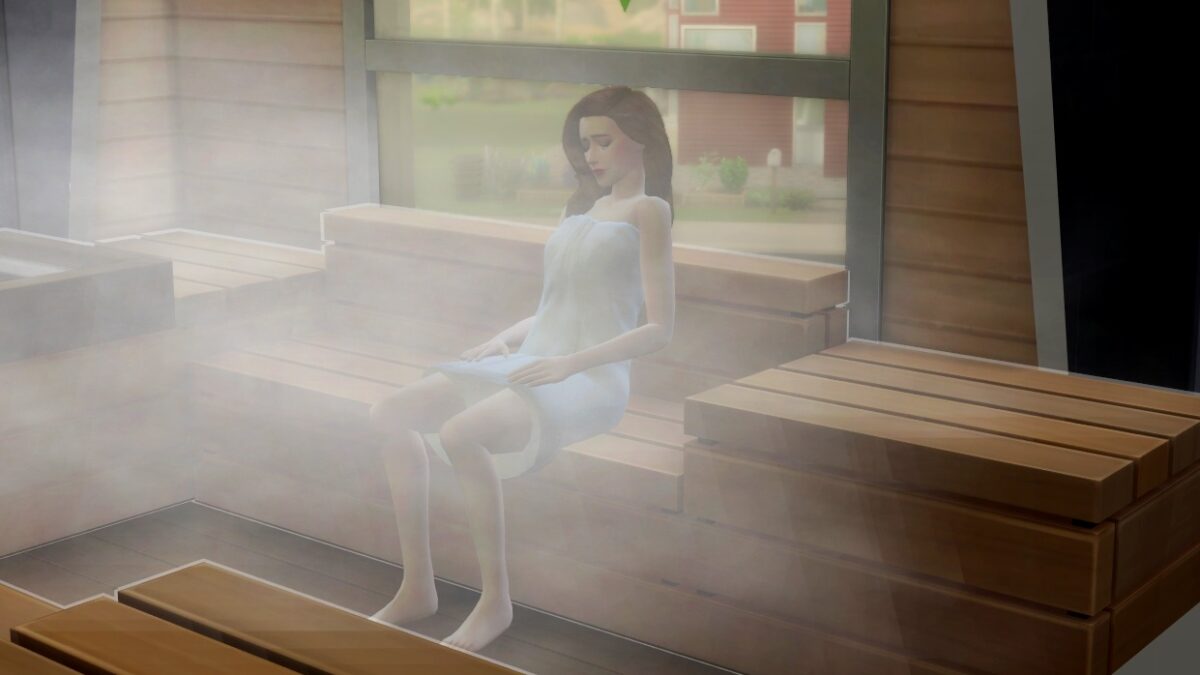 Sims 4 Wellness-Tag Guide Sim-Frau sitzt entspannt in Sauna mit viel Dampf