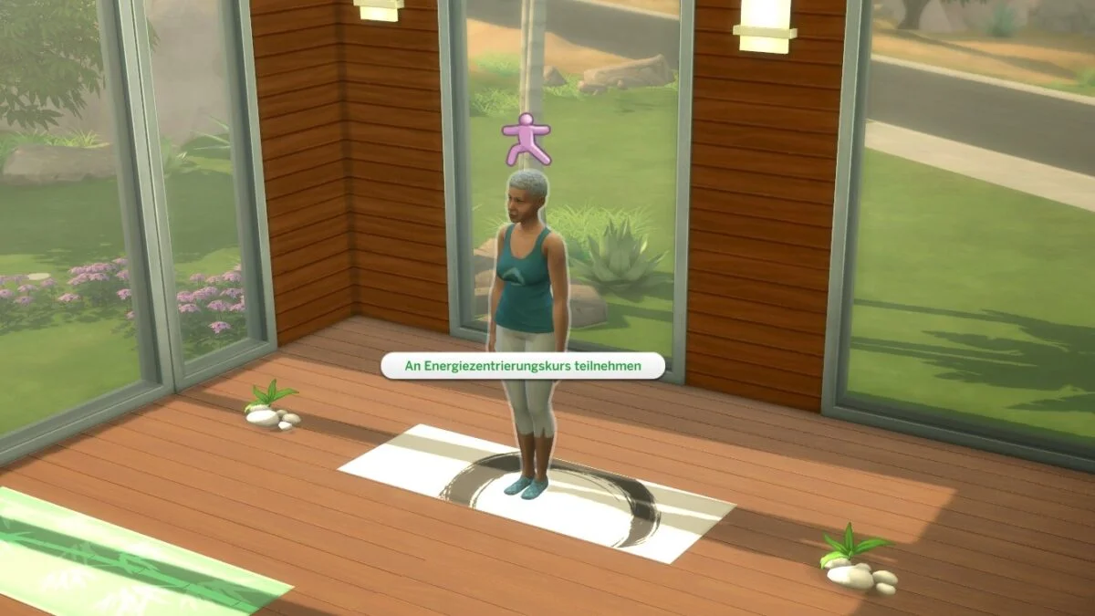 Sims 4 Wellness-Tag Guide Yoga-Lehrerin steht in Yoga-Raum auf ihrer Matte