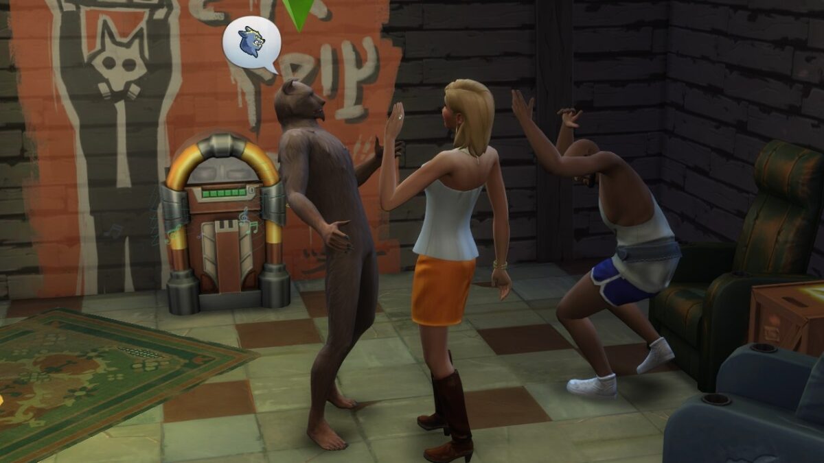 Sims 4 Werwölfe Werwolf-Frau erschreckt zwei Barbesucher mit Heulen