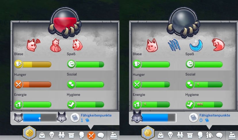Sims 4 Werwölfe Zwei Werwolf-Bedürfnisreiter mit Charakterzügen nebeneinander gestellt