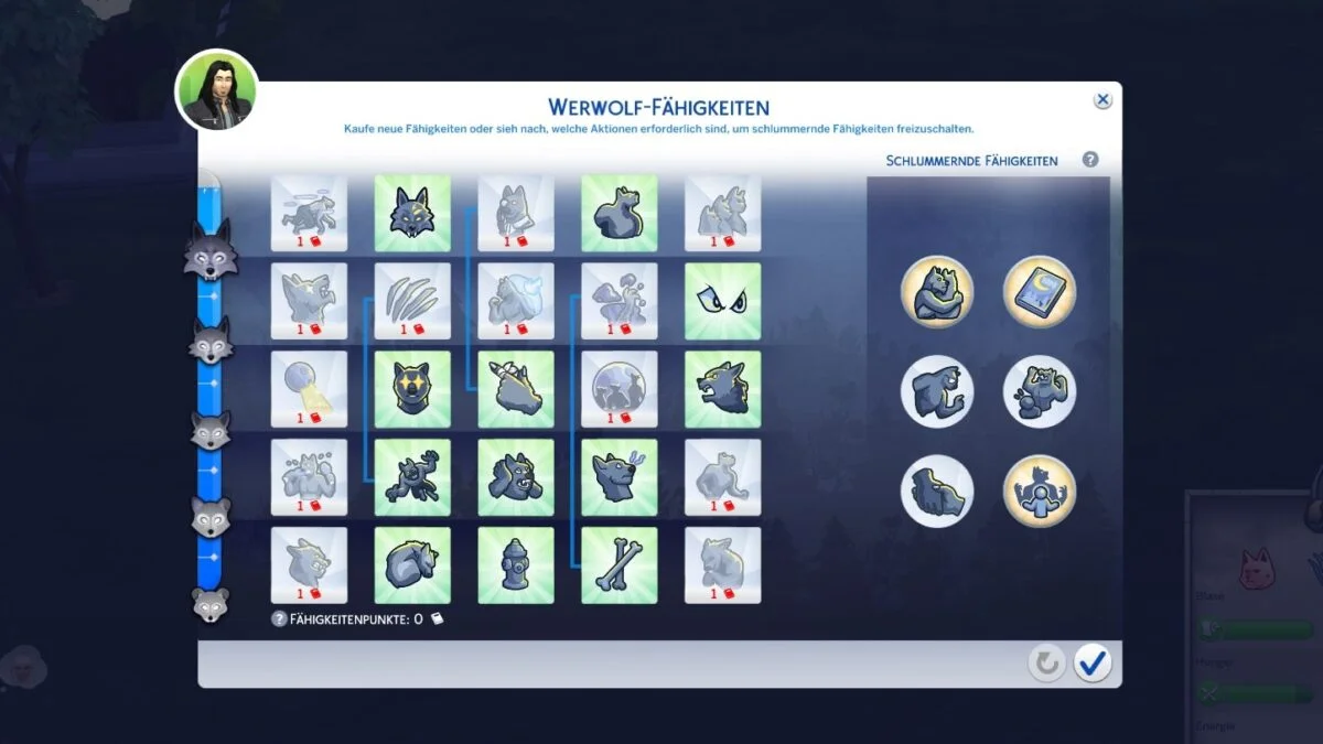 Sims 4 Werwölfe Fähigkeitenübersicht eines Sim-Werwolfes im Rang Apex