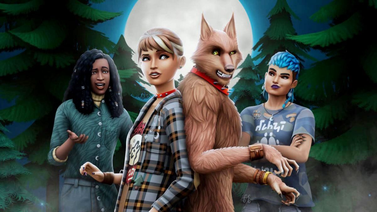 Sims 4 Werwölfe Gruppe aus vier Sims, mittig ein Werwolf, daneben zwei Frauen und ein Mann