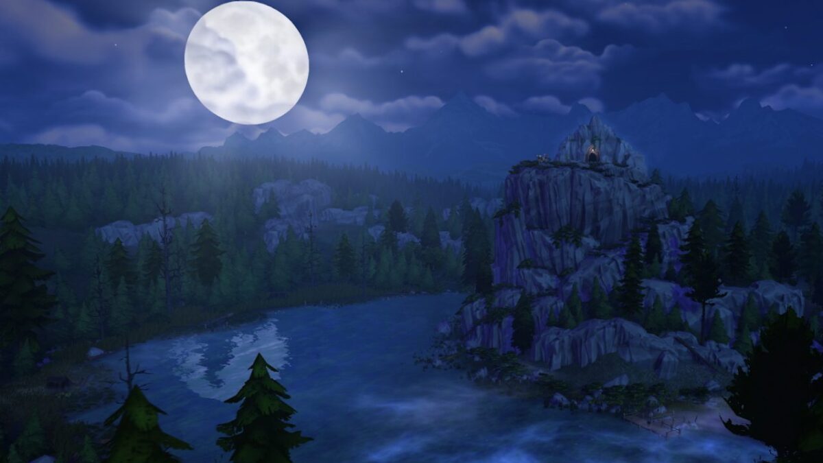 Sims 4 Werwölfe Vollmond über See und Berggipfel mit Nadelwald ringsum