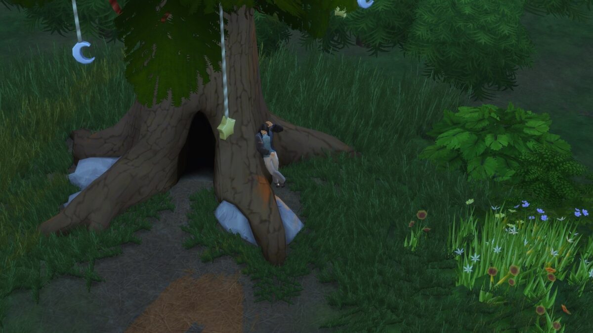 Sims 4 Werwölfe Sim lehnt an hohem Nadelbaum in grüner Natur