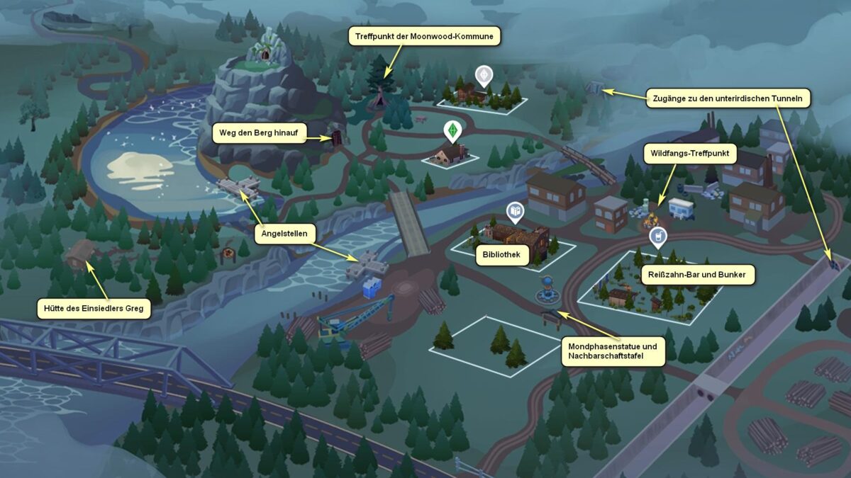 Sims 4 Werwölfe Übersichtskarte der Nachbarschaft Moonwood Mill mit Beschriftung wichtiger Orte