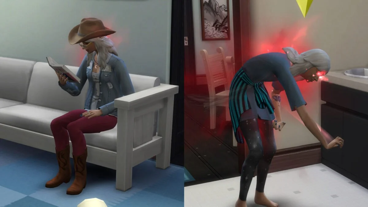 Sims 4 Werwölfe Sim-Frau mit leicht rotem Leuchten um sich links, sich in Werwolf verwandelnde Sim-Frau rechts
