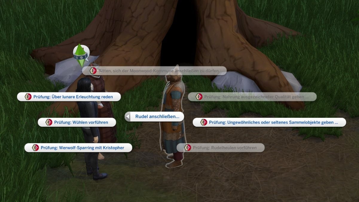 Sims 4 Werwölfe Optionsmenü für die Rudelprüfung der Moonwood-Kommune