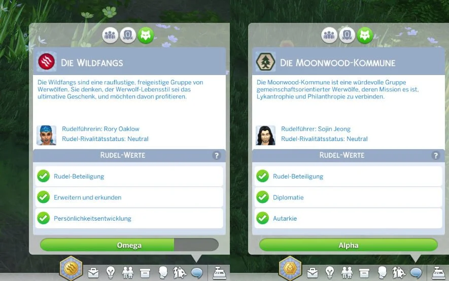Sims 4 Werwölfe Rudelinformationsblätter für Moonwood-Kommune und Wildfangs