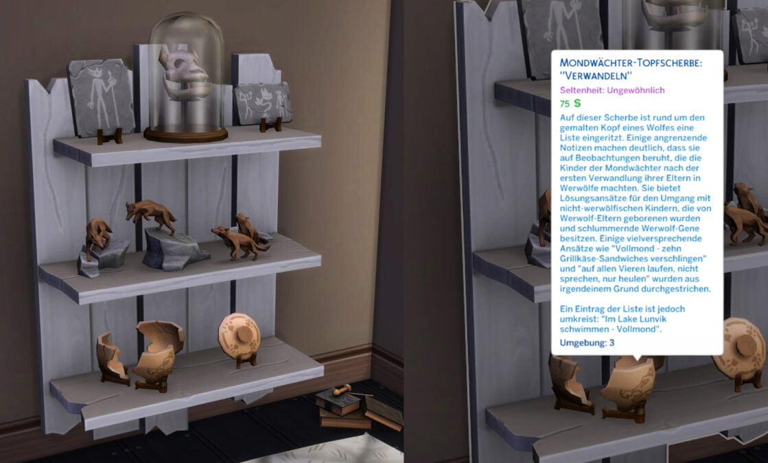 Sims 4 Werwölfe Lagerregal mit verschiedenartigen Relikten, daneben Bildbeschreibung zu einem Relikt