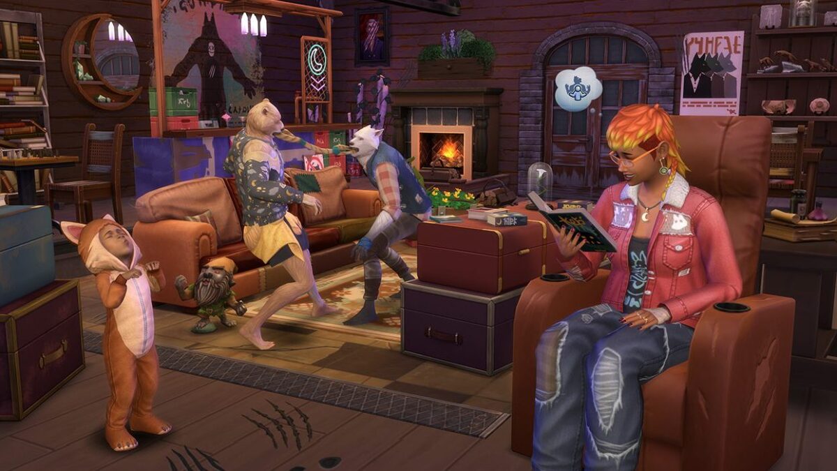 Sims 4 Werwölfe Werwolf-Familienszene mit lesendem Werwolf, heulendem Werwolf-Kind und streitenden Werwölfen