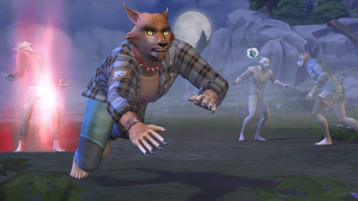 Sims 4 Werwölfe Werwolf springt Betrachtern entgegen, im Hintergrund beginnt Werwolfkampf und Verwandlung