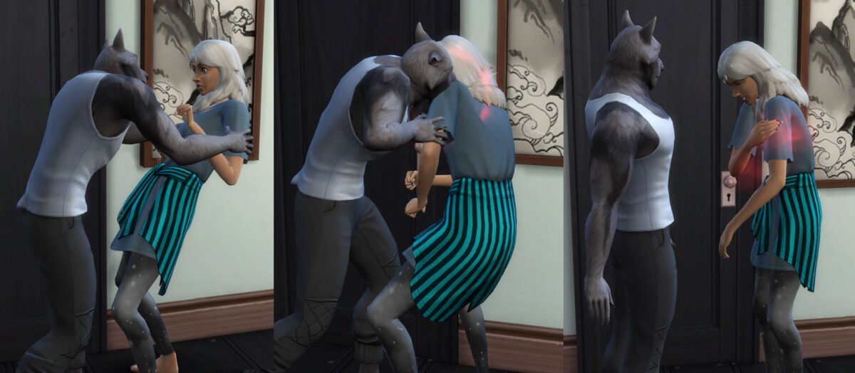 Sims 4 Werwölfe Werwolf packt Frau und beißt sie für die Werwolf-Infektion