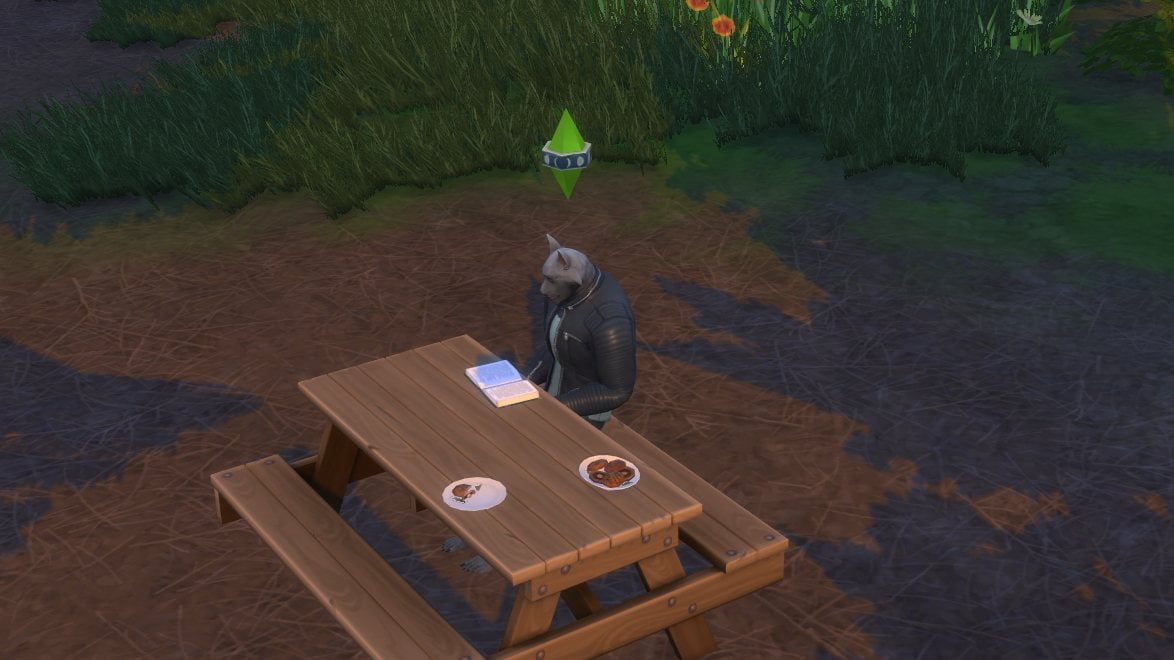 Sims 4 Werwölfe Werwolf sitzt an hölzerner Rastbank und liest Buch