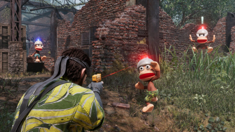 An armed soldier aiming at a cartoonish monkey.