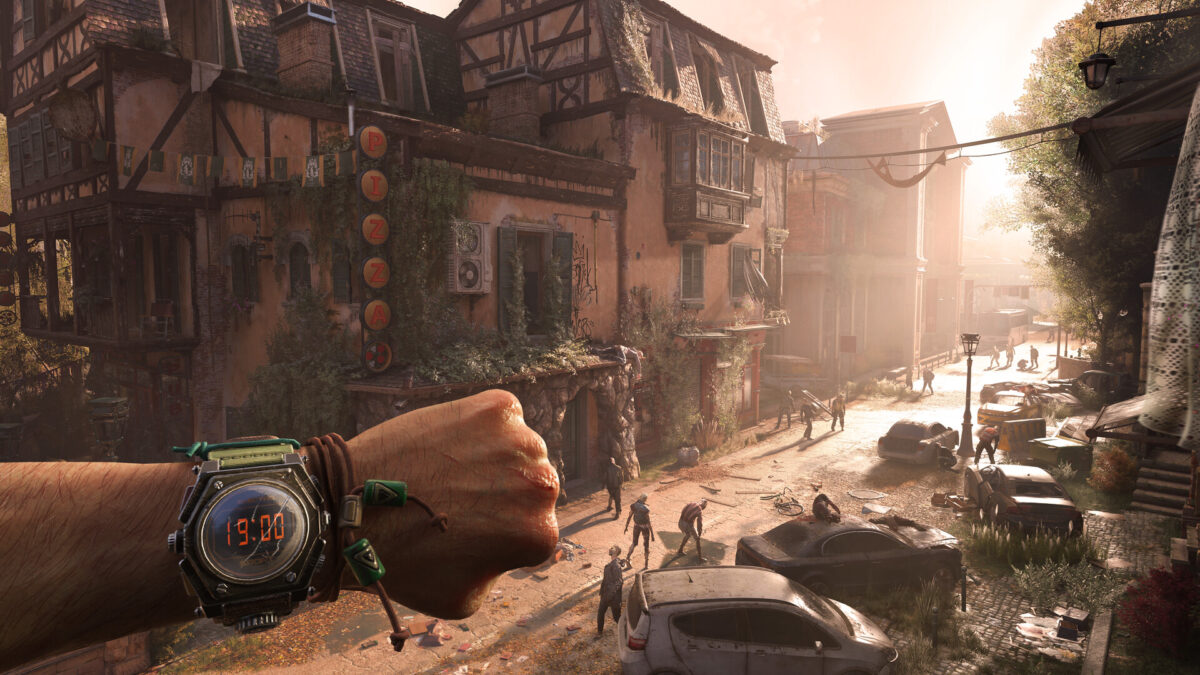 Ein Mann sieht auf seine Uhr. Unter ihm eine Straße in einer verfallenen Stadt, in der Zombies umherstreifen.