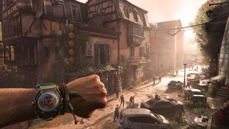 Ein Mann sieht auf seine Uhr. Unter ihm eine Straße in einer verfallenen Stadt, in der Zombies umherstreifen.