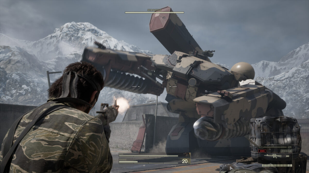 Ein Soldat zielt mit einer Waffe auf einen riesigen gepanzerten Gegner.