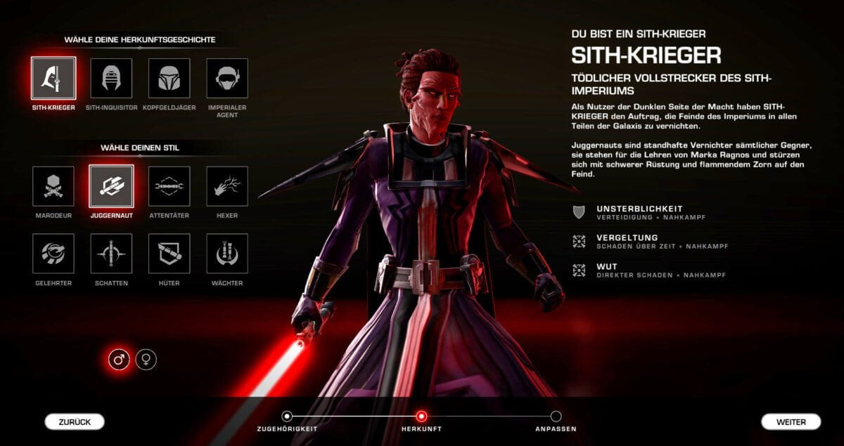 SWTOR Legendäre Implantate Sith-Krieger mit rotem Lichtschwert im SWTOR-Charaktereditor
