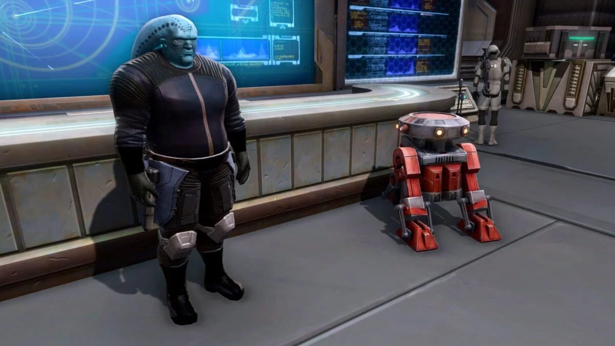 SWTOR Legendäre Implantate Twi'lek-Händler mit Astromech-Droiden vor Verkaufstresen