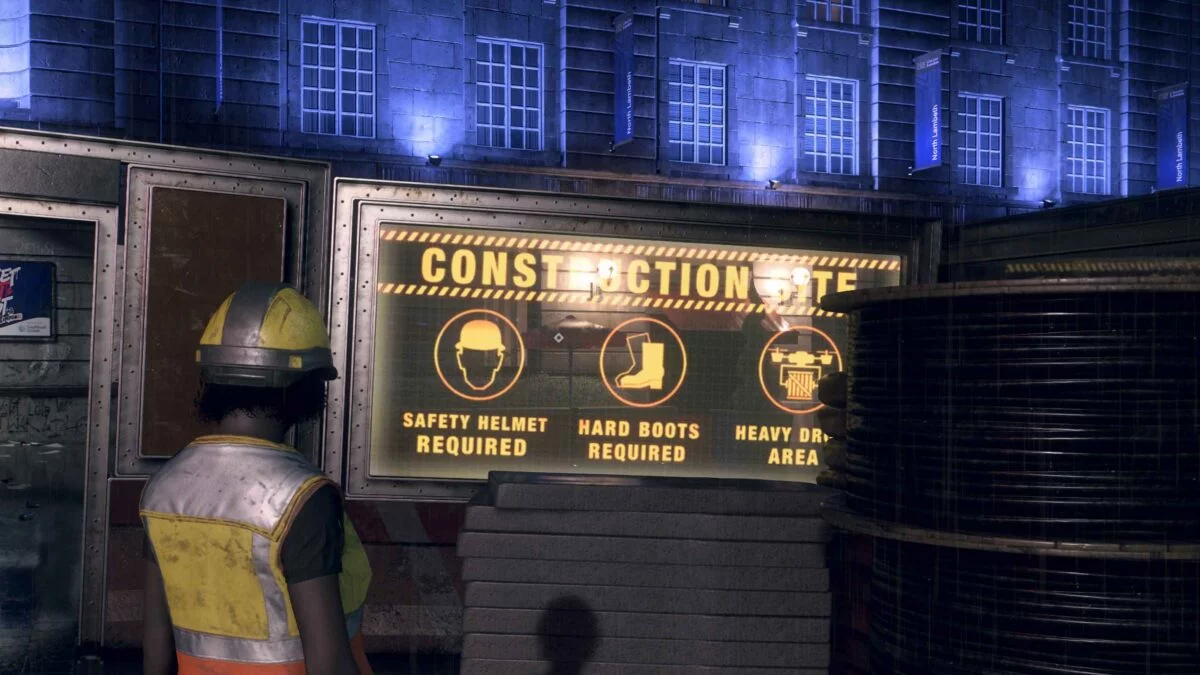 Watch Dogs Legion Construction worker stands in front of warning sign at construction site entrance
