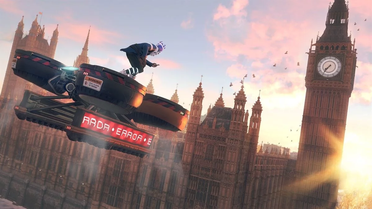 Watch Dogs Legion DedSec-Agent fliegt auf Frachtdrohne Big Ben entgegen