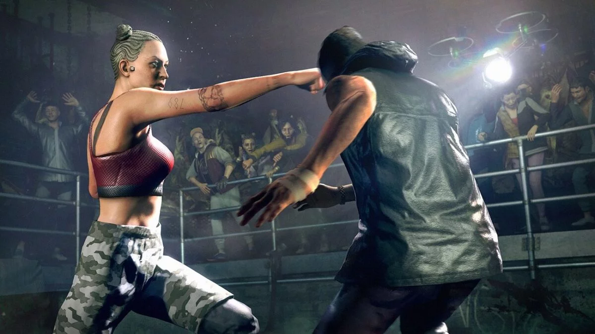 Watch Dogs Legion Mann und Frau kämpfen ohne Boxhandschuhe im Ring gegeneinander