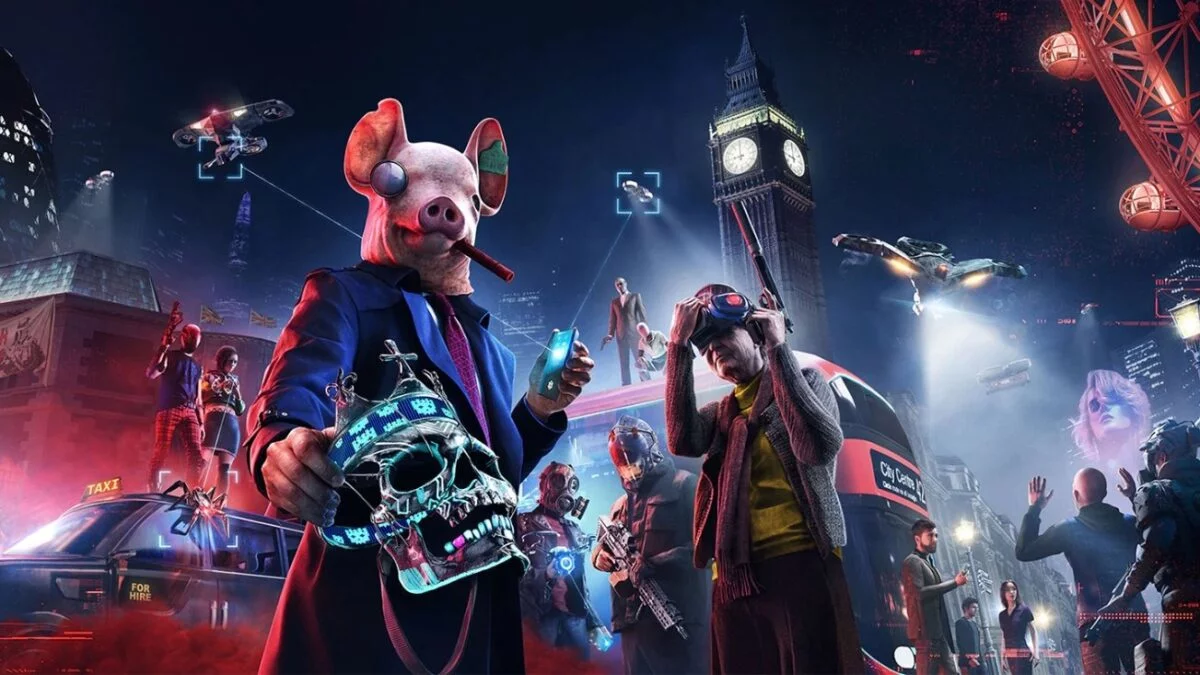 Watch Dogs Legion Blick auf Zukunfts-London, Person mit Schweinemaske im Vordergrund
