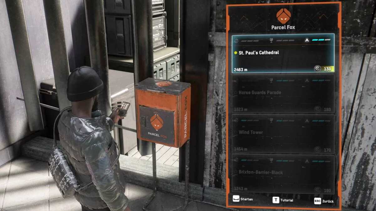 Watch Dogs Legion Operative examines existing Parcel Fox delivery orders in the delivery menu