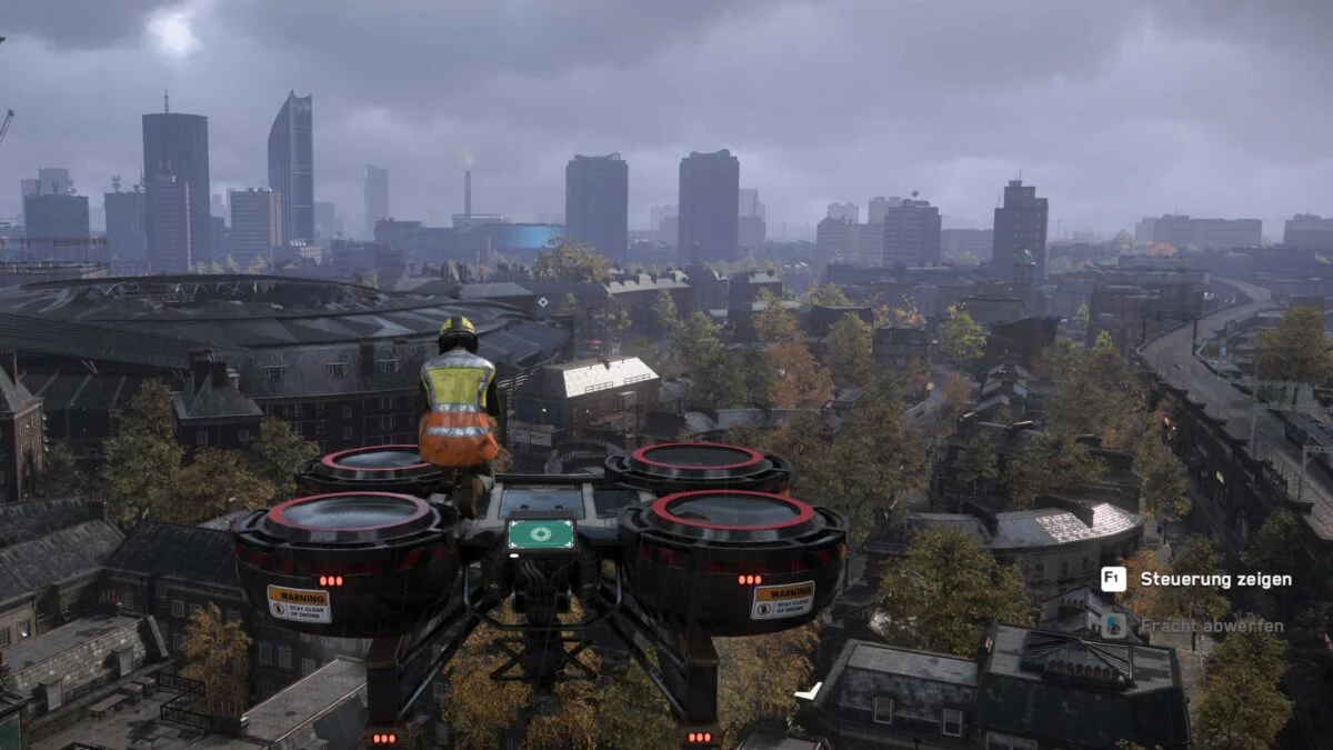 Watch Dogs Legion Construction worker on cargo drone flying high above London