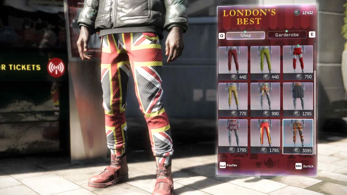 Watch Dogs Legion Store selection of pants in the overview menu