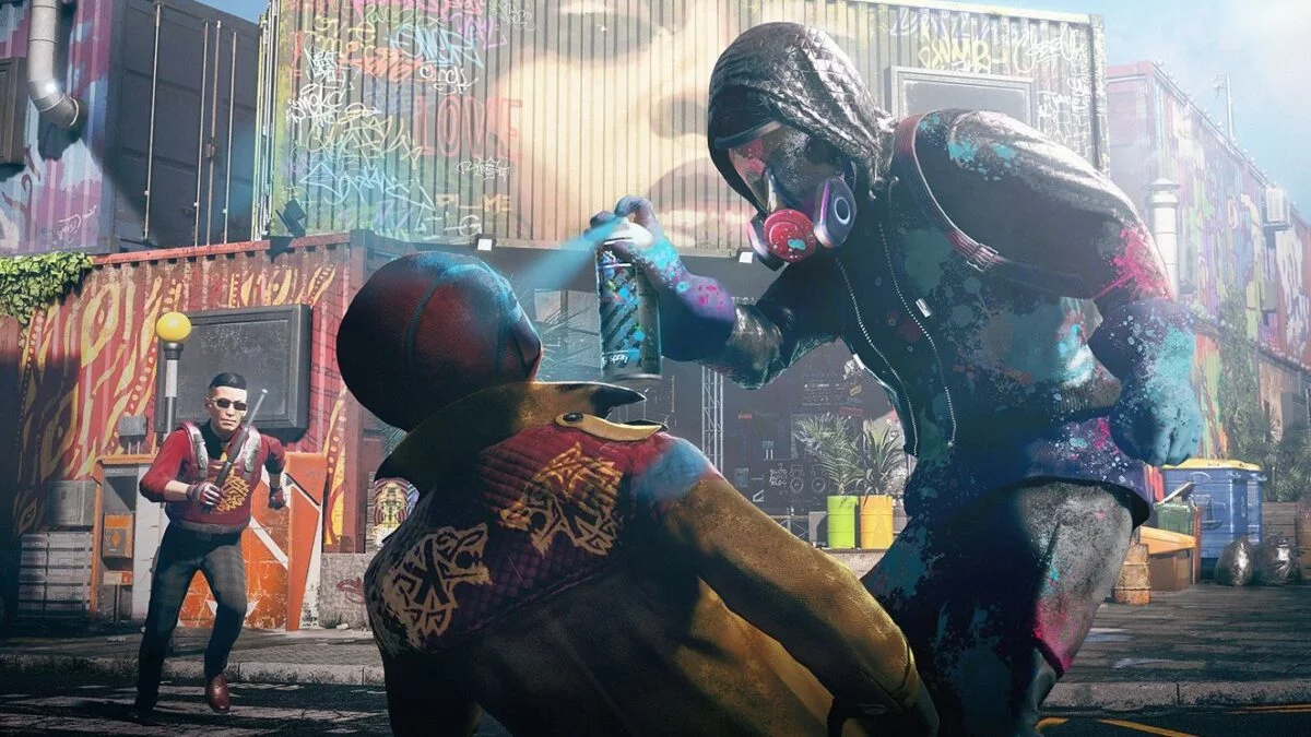 Watch Dogs Legion DedSec Agent sprüht Gegner Farbe ins Gesicht